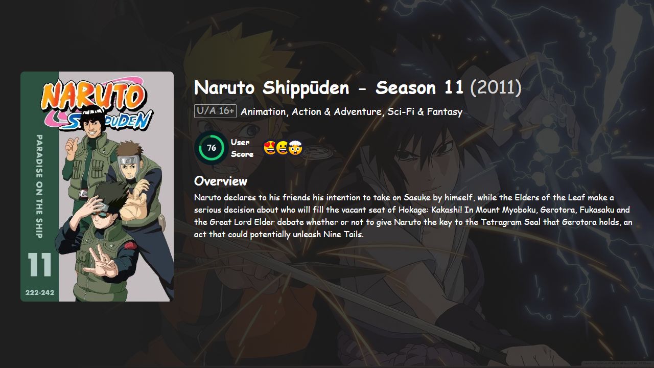 Naruto Shippūden Season 11 Hindi-Telugu-Tamil-Bengali-Malayalam-English-Japanese Dubbed
