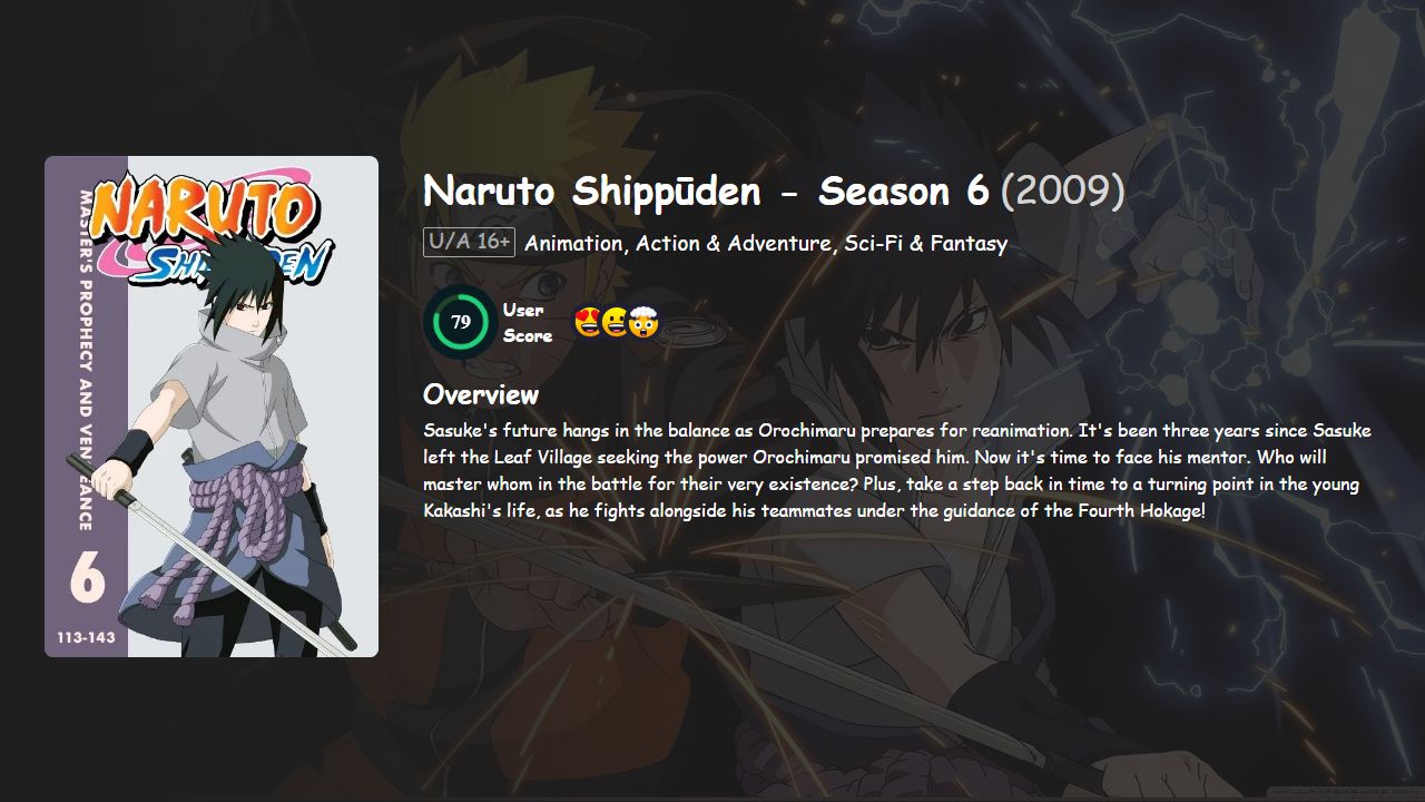 Naruto Shippūden Season 6 Hindi-Tamil-Malayalam-English-Japanese Dubbed