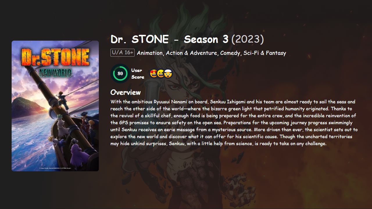 Dr. STONE Season 3 Hindi-Telugu-Tamil-English-Japanese Dubbed